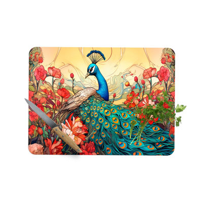 Magnifique verre avec motif paon, idéal comme table de service décorative ou élégante planche à découper dans votre cuisine ou votre salle à manger