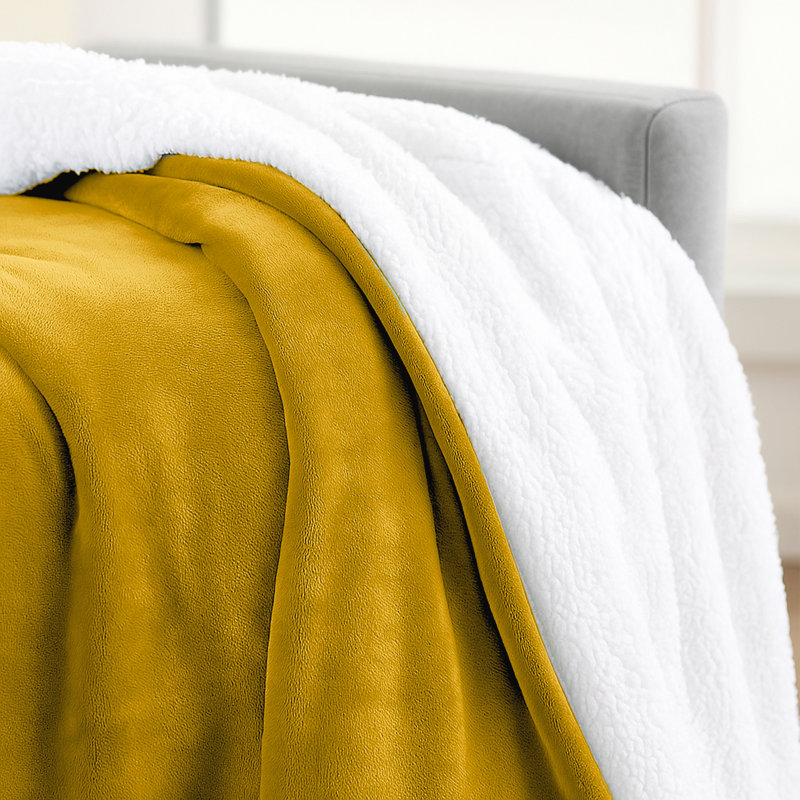 Sherpa Fleece Fur Thick Reversible Blanket Throw, Yellow, 130cm x 150cm