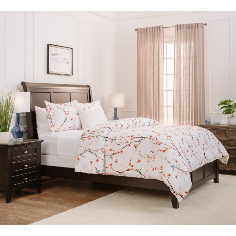 Twin Orange Floral Print Reversible Microfiber Duvet Cover Set