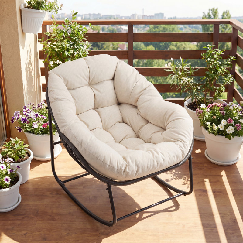 Chaise berçante surdimensionnée Papasan pour l'extérieur avec coussin moelleux, fauteuil de patio confortable, chaise berçante en osier pour balcon / porche / jardin, structure en rotin renforcé toutes saisons, support de 330 lb