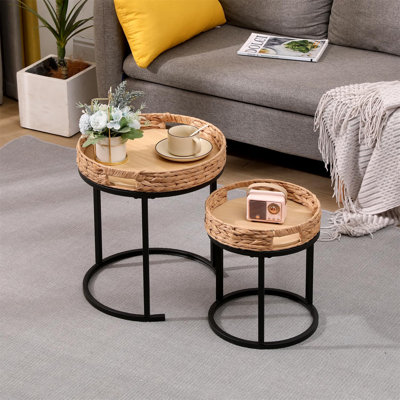 Set of 2 Nesting Side Tables for Living Room or Bedroom, Classic Wood & Metal End Tables, Large 40x46 cm & Small 30x36 cm, Yellow-Black