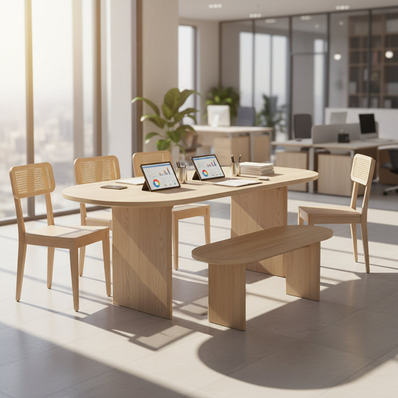 Ensemble de salle à manger moderne 6 pièces avec structure en bois massif et chaises en rotin, Naturel