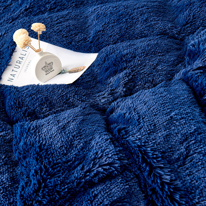 FFDC1217 Plush Shaggy Duvet Cover Set, Queen Duvet Cover + 4 Additional Pieces, Navy