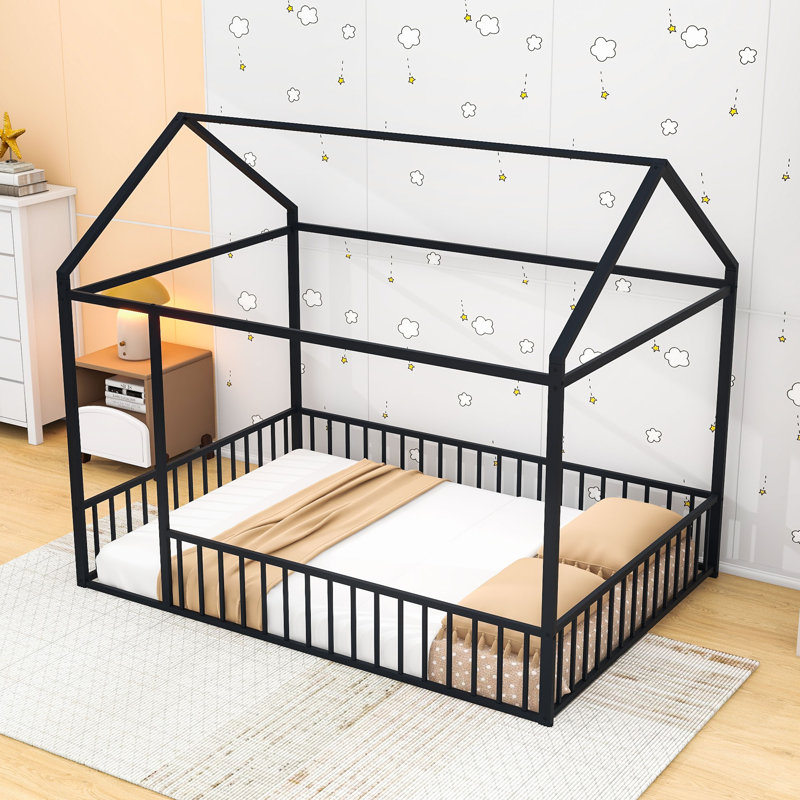 Full-Size Metal House Bed With Playhouse Design And Semi-Enclosed Sleeping Space, Black