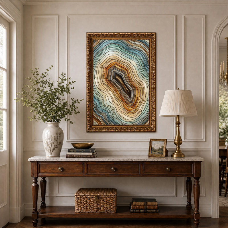 Tableau mural sur toile représentant une section transversale de géode turquoise et brune tourbillonnante, H 24 po x l 16 po