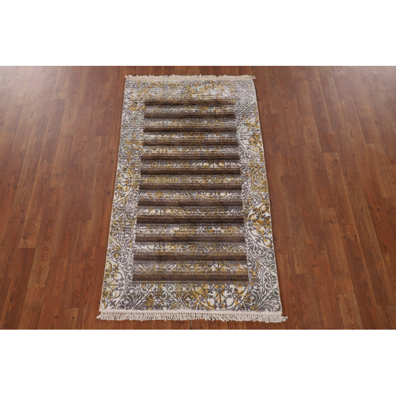 Tapis oriental rayé à motif abstrait indo 3 x 5