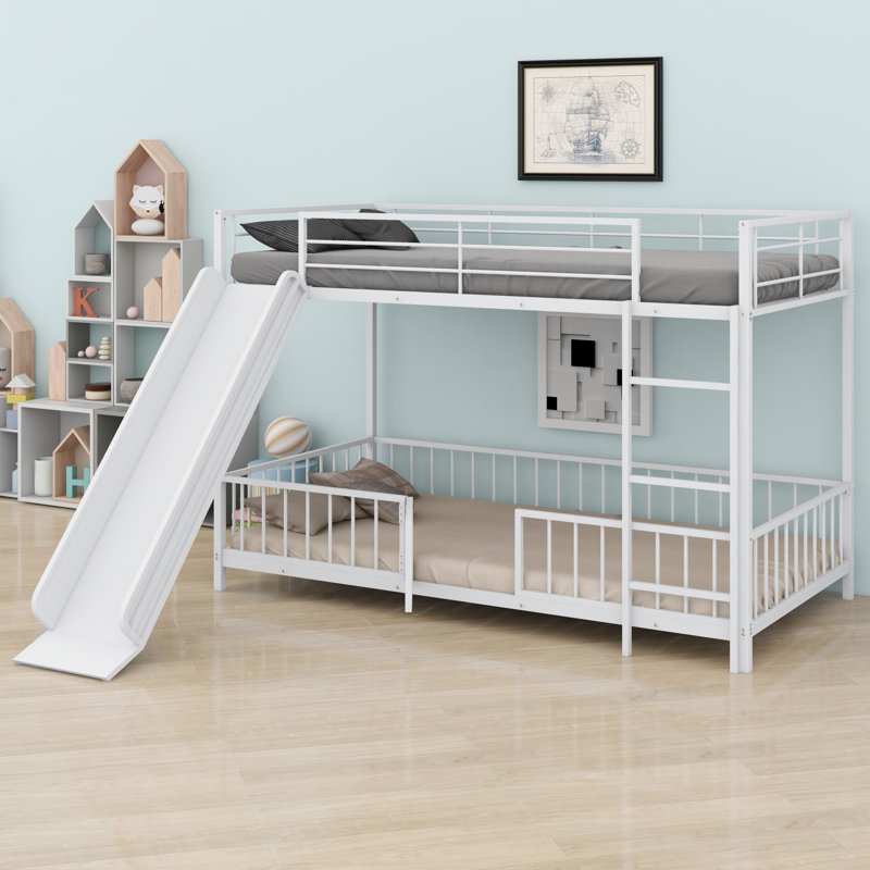 Metal Bunk Bed With Slide And Guardrails,, Twin Over Twin, White