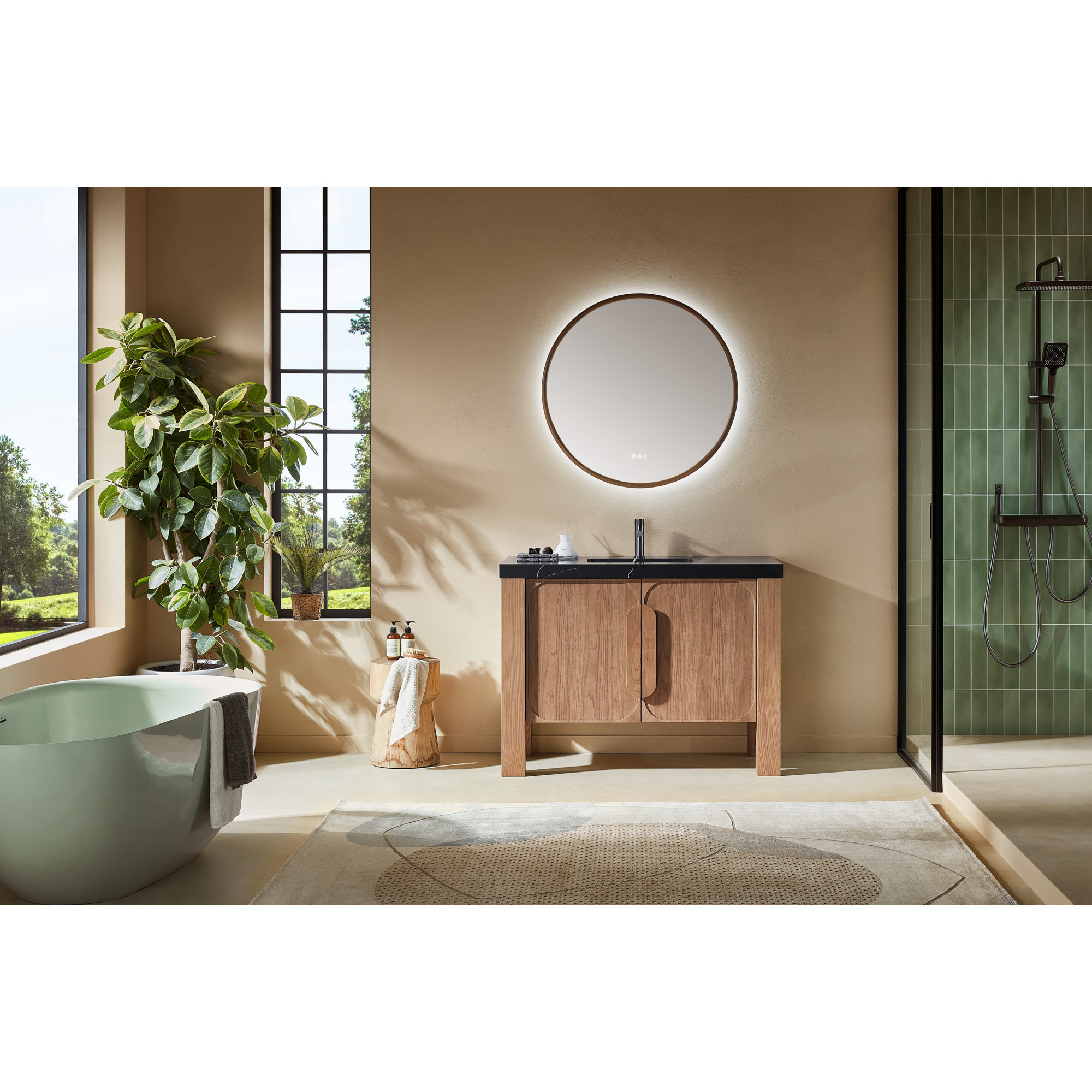 48" Natural Veneer Plywood Bathroom Vanity with Engineered Stone Countertop, Black, Natural Teak