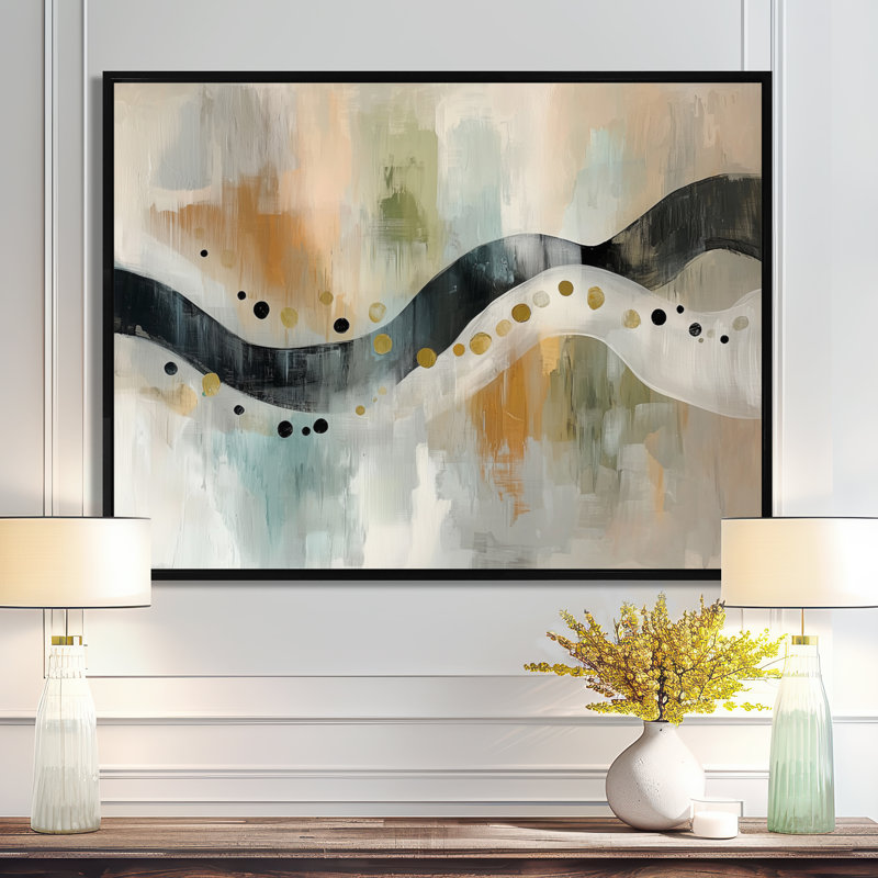 Minimalisme gris et beige encre éruptive II - art cinétique sur toile, H 12 po x l 20 po, Floater Framed, Noir