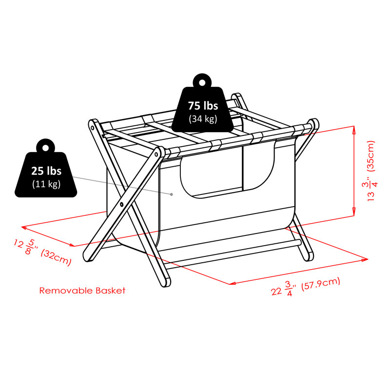 Espresso Wood Luggage Rack with Beige Fabric Basket