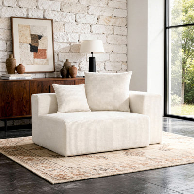 Upholstered Beige Corduroy Accent Lounge Chair with Pillow – Fully Compressed, No Assembly Required