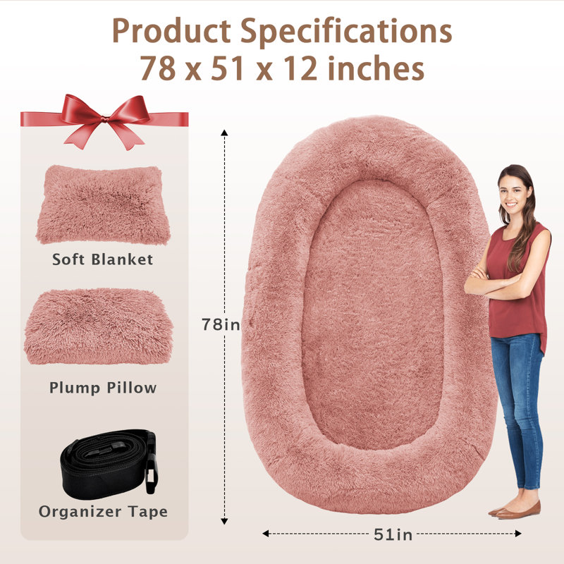 Grand lit pour chien de 78 po avec oreiller moelleux, couverture, rose, Rose, H 12 po x l 78 po x P 51 po