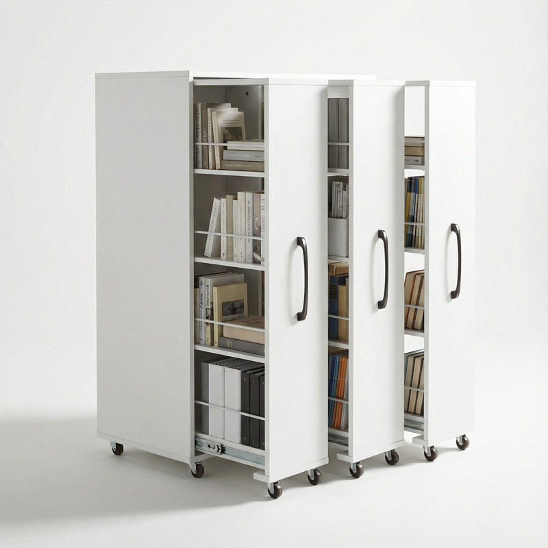 Bibliothèque moderne sur pied à trois niveaux avec portes et roulettes de rangement coulissantes