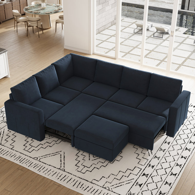 Grand canapé-lit modulaire Seybert, Velours - Bleu
