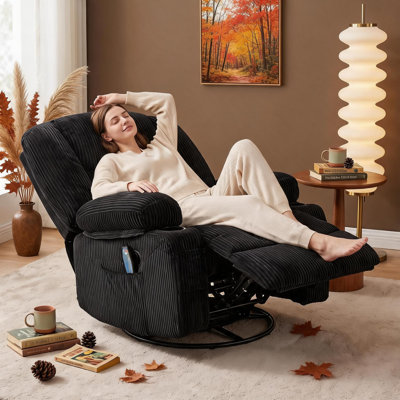 Fauteuil inclinable pivotant à 360° pour adulte avec fonction chauffage et vibrations, fauteuil à bascule avec rangement intégré dans les accoudoirs, porte-gobelets et poches latérales, siège ergonomique extra large idéal pour la maison et le salon.
