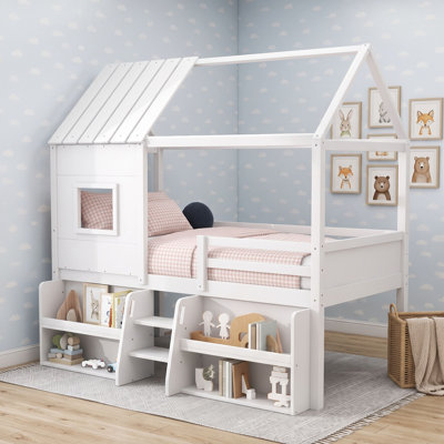 Wood Loft Bed with Shelves, Playhouse Roof & Window, Stairs and Full-Length Guardrails