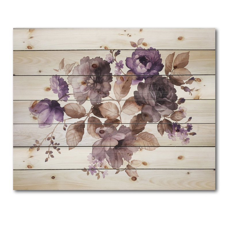 Fleurs mauves rétro avec feuilles brunes - impression traditionnelle sur bois de pin naturel, H 10 po x l 20 po x P 0,78 po