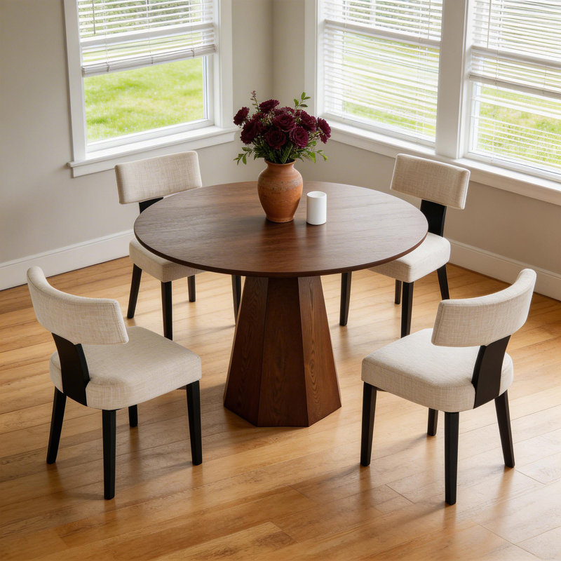 5-Piece Dining Set Mid-Century Wooden Table & Upholstered Chair Set For Home, Kitchen, Dining Room, Beige/Black/Walnut