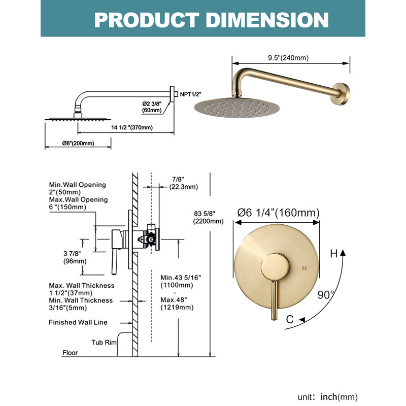 Diverter Complete Shower System with Rough in-Valve, Gold