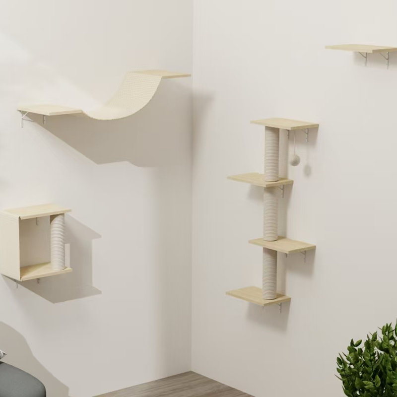 Mobilier moderne pour chat mural - 4 pièces, Bois naturel