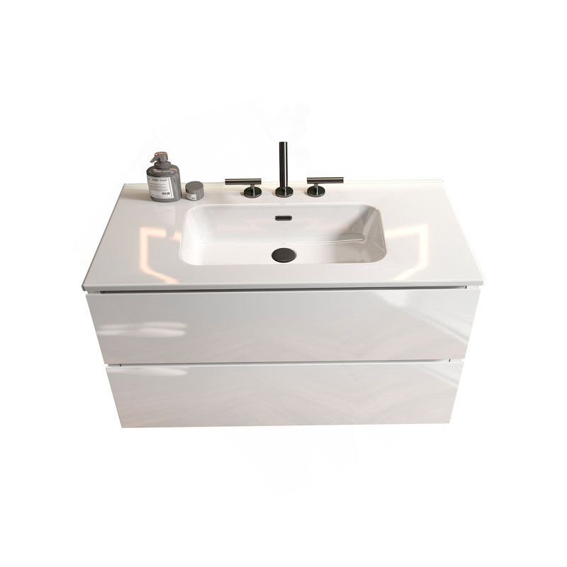 Meuble-lavabo mural blanc brillant de 36 po avec lavabo en céramique et trois trous de robinet, grand meuble-lavabo flottant de rangement pour salle de bain moderne, pré-assemblé