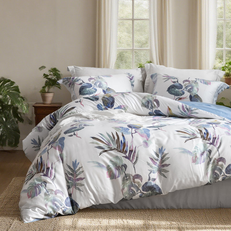 Ensemble de housse de couette 100% coton à longues fibres Lunaria Hannwacker - 3 pièces, motif feuille de palmier, ultra doux et respirant