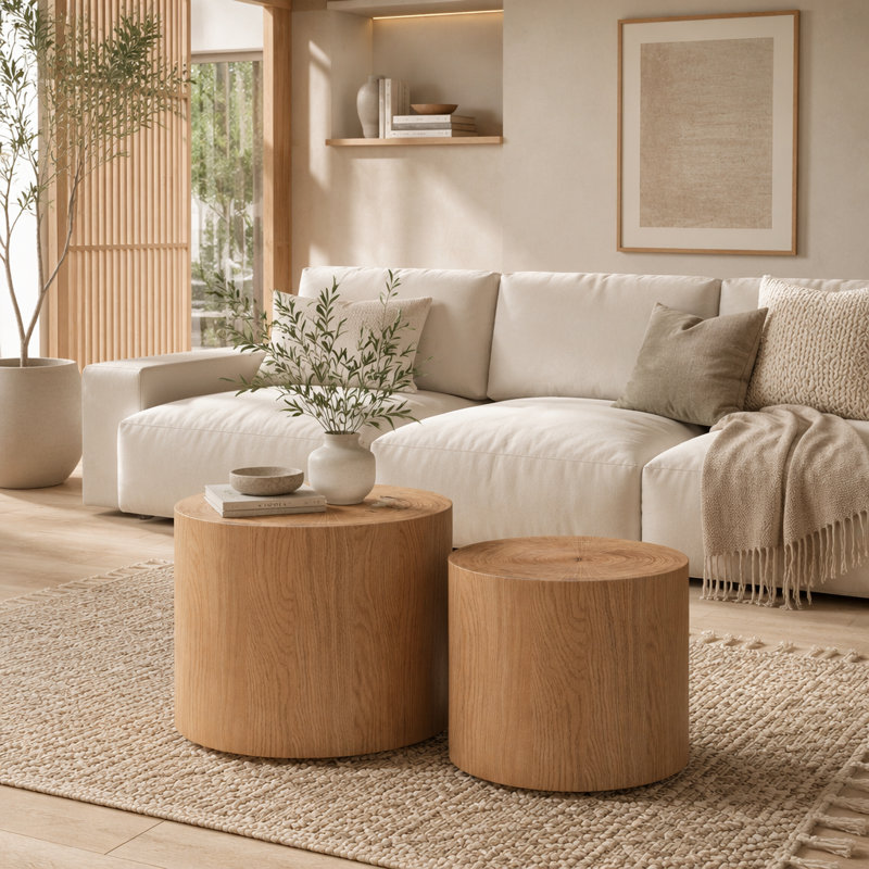 Ensemble de 2 tables basses gigognes, Bois naturel