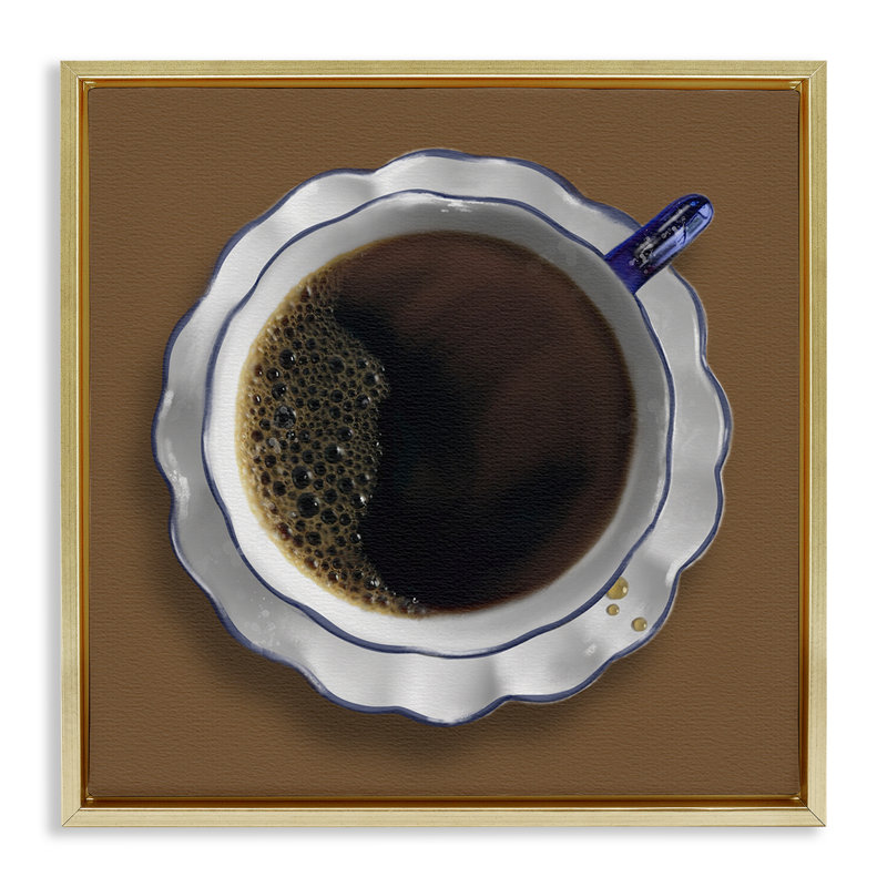 Cadre flottant à tasse à café vue aérienne, design par Matthew Piotrowicz, H 25 po x l 25 po, Cadre flottant métallique doré