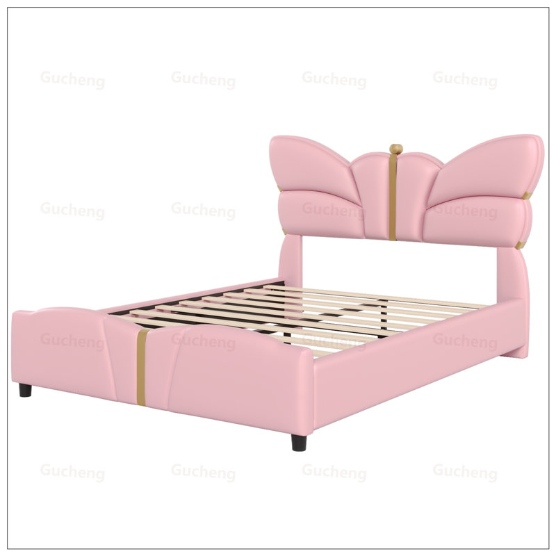 Structure de lit en similicuir de tête de lit en similicuir papillon avec détails en métal doré, Lit double, Rose
