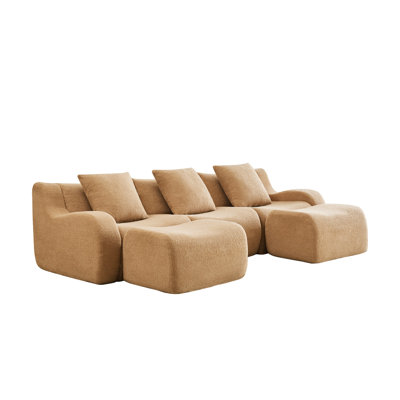 Camel Teddy Fabric U-Shaped Modular Sectional Sofa, No Assembly Required Curved Arm Chaise Lounge for Living Room