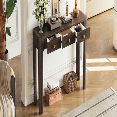 Console rustique avec coins arrondis pour la sécurité, table d'entrée avec 3 tiroirs dissimulés, table de canapé robuste avec des pieds épais pour le couloir et le salon