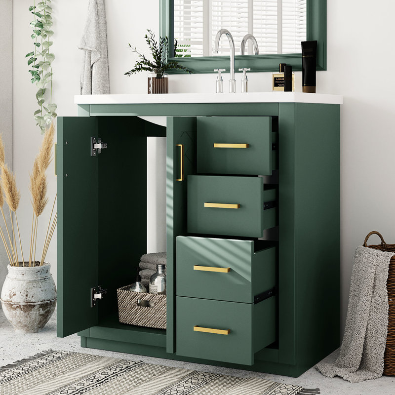 Meuble-lavabo de 30 po avec cadre en bois massif, charnières, planches, rangement spacieux pour tous les articles, style rétro et produits uniques à motif de rainures,