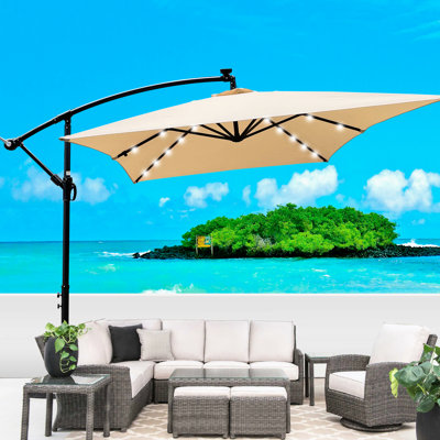 Parasol de patio avec éclairage solaire - Rectangle 2 x 3 m, résistant aux intempéries, 6 baleines, auvent brun clair, pour terrasse, piscine, poteau noir