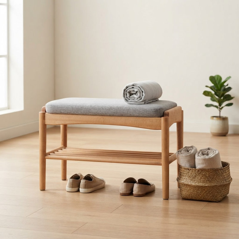 Banc à chaussures en bois massif naturel, banc de rangement moderne Mid-Century avec coussin éponge à rebond élevé
