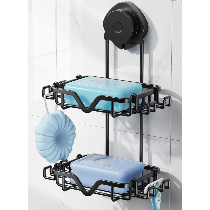 Porte-savon à ventouses à deux niveaux – Porte-savon de douche réutilisable sans perçage avec crochets