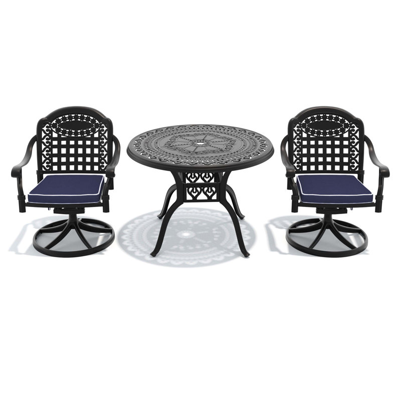Ensemble de salle à manger 3 pièces en aluminium coulé avec cadre noir, comprenant 2 chaises pivotantes et une table ronde de 39,37 po