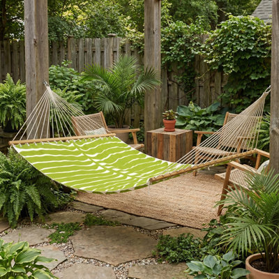 Hilo Hammock in Green - Tropical Leaf Recycled Polyester - Quick Dry, Suitable for Indoor & Outdoor Use, Supports 2 Persons up to 460 lbs - Perfect for Patio, Poolside & Backyard, 12-14 ft Adjustable
