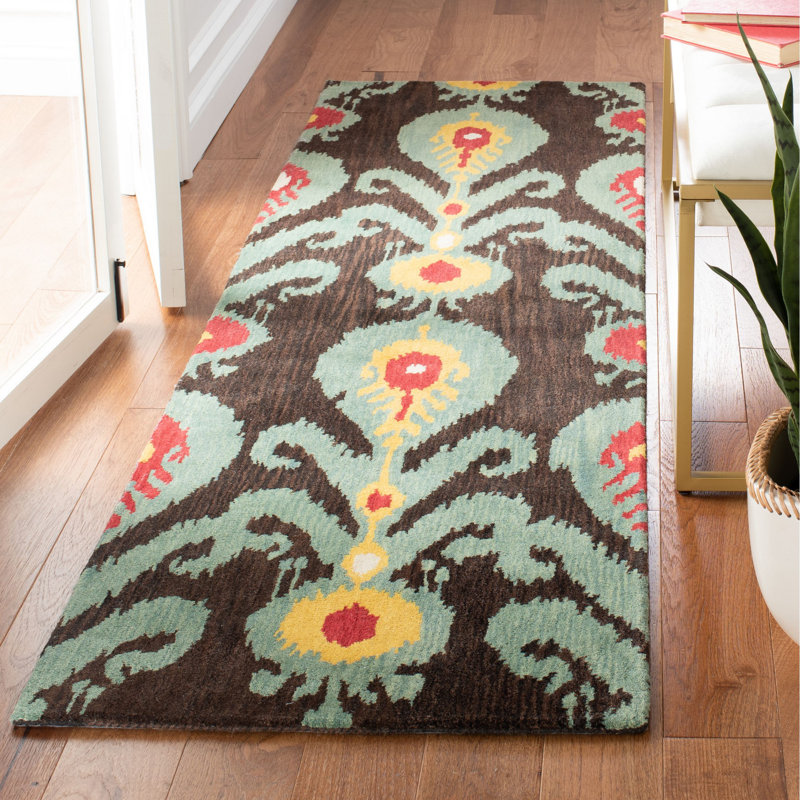 Tapis vert / noir en laine touffeté à la main Kline, Tapis de couloir 2 pi 3 po x 8 pi