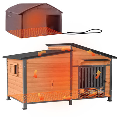 Extra Large 60" Heated Dog House Outdoor Dog Kennel With Safe Heated Pad, Chew-proof Metal Frame And Rotating Food Bowl For Large Dog Breeds, 60" L X 36" W X35.4 H (brown)