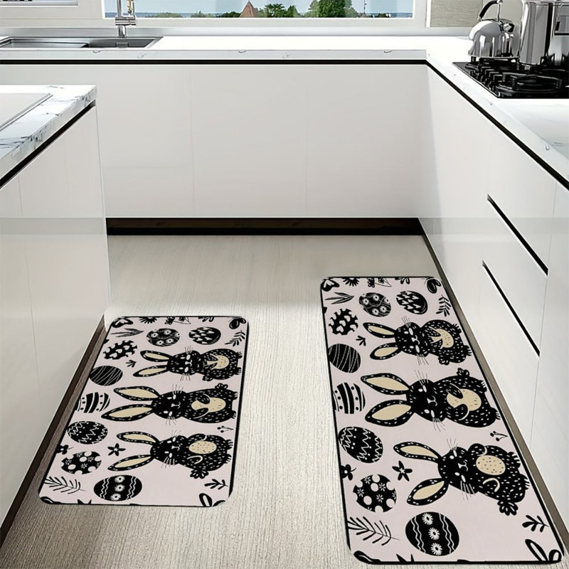 Ensemble de 2 tapis de cuisine à motif de lapin de Pâques, noir et beige