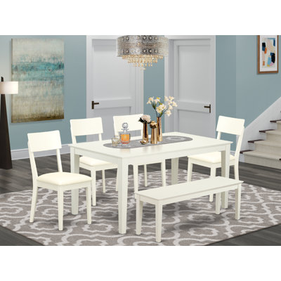 6 Piece Dining Table Set Contains a Rectangle Dining Room Table and 4 Faux Leather Upholstered Chairs with a Bench, 36x60 Inch, Linen White