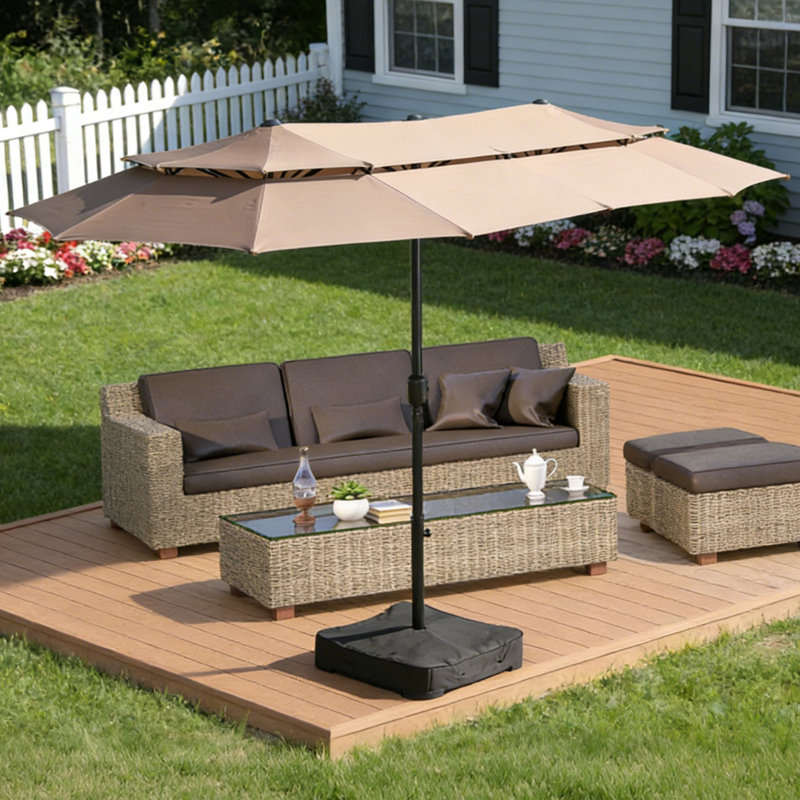 15 pi Parasol de marché pour terrasse double face avec manivelle et base incluse, 15 pi avec base