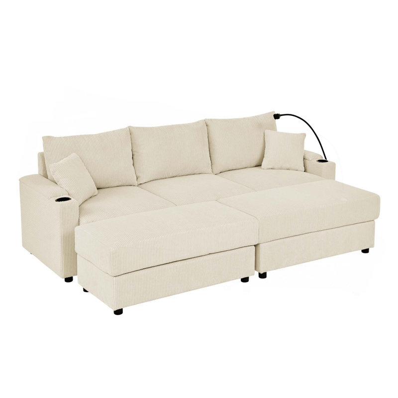 Canapé-lit moderne avec rangement, avec 2 repose-pieds, canapé à siège profond avec porte-gobelets et canapé en velours côtelé pour salon