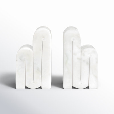 Set of 2 Marble Bookends Contemporary Abstract White Swirl Design Bookend Set Book Organization Home