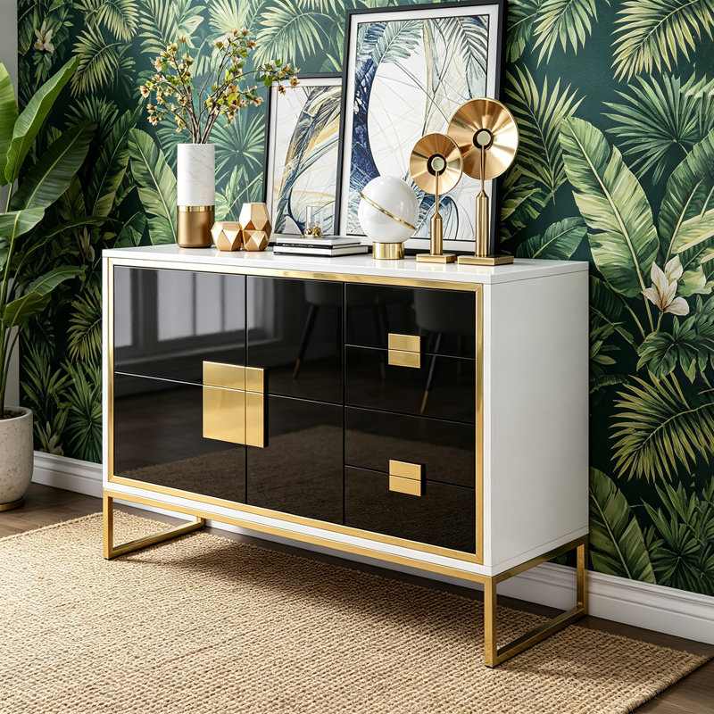 Buffet en verre trempé de style moderne, Gold/White/Black