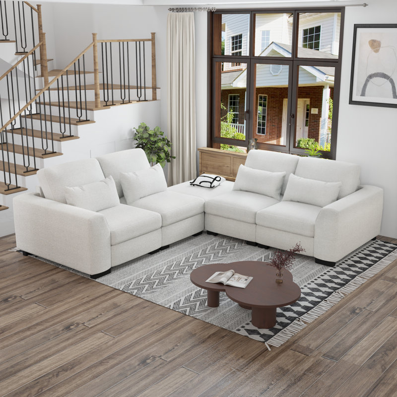 Canapé modulaire rembourré 5 pièces avec repose-pieds, Mélange de lin beige
