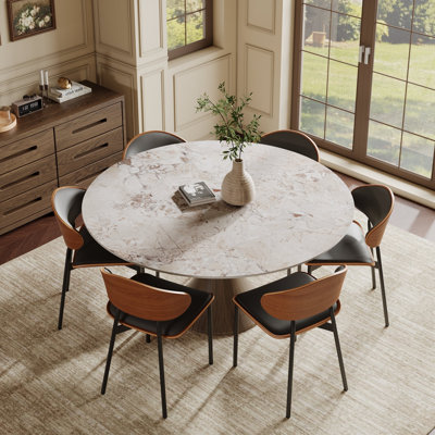 6-Person Dining Table Set With 53''/59'' Round Table & 6 Leather Upholstered Side Dining Chairs