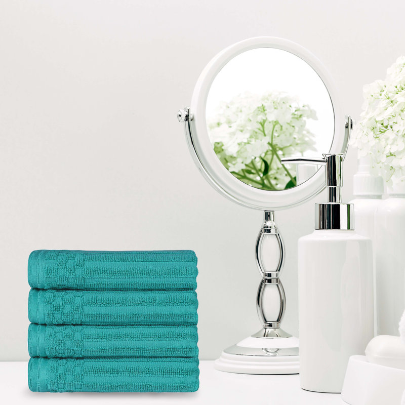 Kleiman Cotton Highly Absorbent Solid and Checkered Border Hand Towel Set, Turquoise