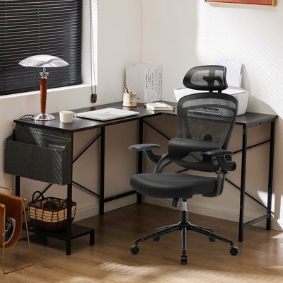 Desk and Chair Set: L-Shaped Computer Desk and Mesh Office Chair