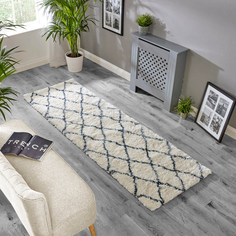 Manilow Berber Shaggy Ivory/Blue Rug, Runner 80cm x 240cm